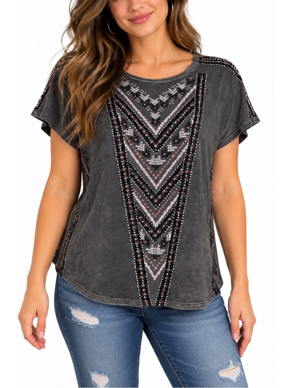 Vocal charcoal grey top, intricate geometric V-shaped design made of rhinestones